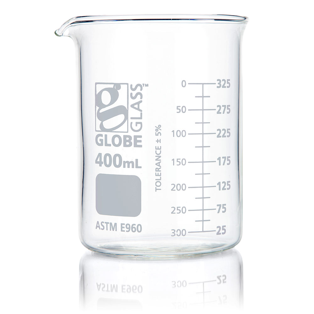 Globe Scientific Beaker, Globe Glass, 400mL, Low Form Griffin Style, Dual Graduations, ASTM E960, 12/Box beaker;beaker science;beaker glass;beaker chemistry;beaker lab;250 ml beaker;100 ml beaker;50 ml beaker